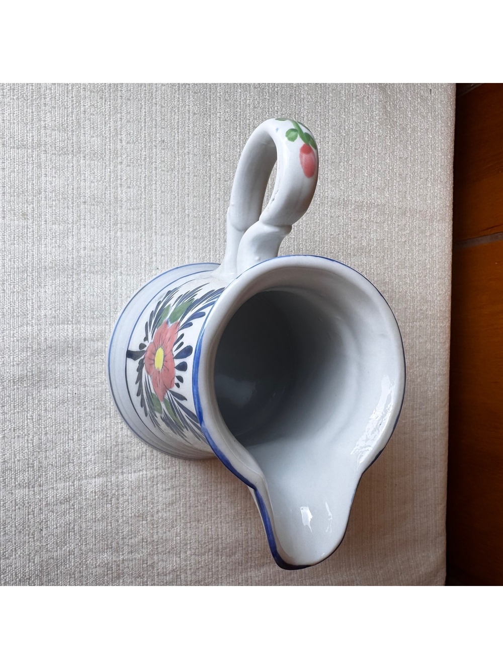 Vintage Hand Painted Floral Ceramic Pitcher Creamer Blue Trim 5 Inch Cottage - Picture 5 of 8